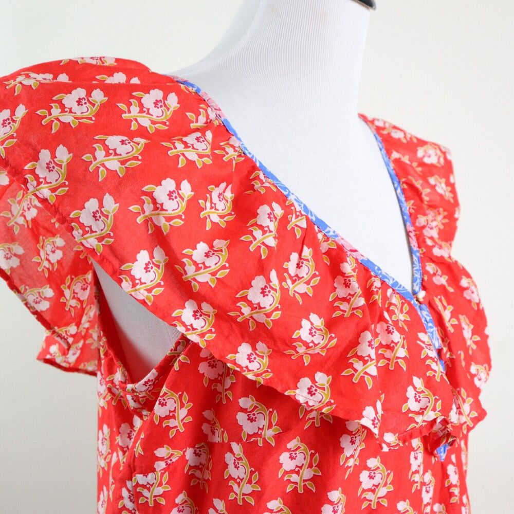 J Crew Size S Ruffle V Neck Top Cotton Classic Block Print Orange - Picture 7 of 11
